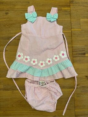 Rare Editions Pink Gingham Dress with Aqua Bow and Floral Trim
